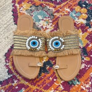 Beaded Tan Raffia Sandals with Evil Eye Design Size 7.5